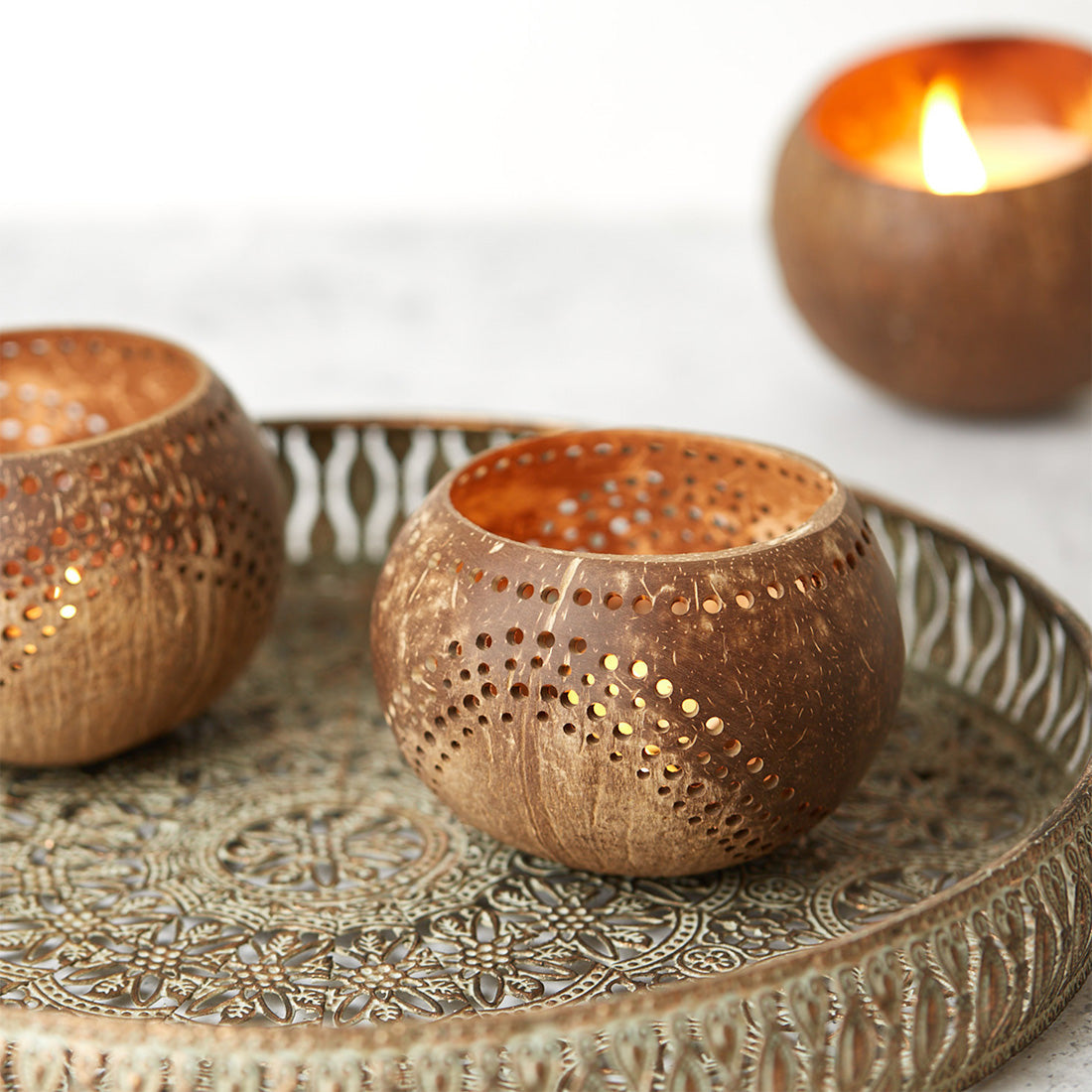 Coconut Shell Tea Light Holder Set | Eco-Friendly, Unique & Unusual Tea Light Base-1