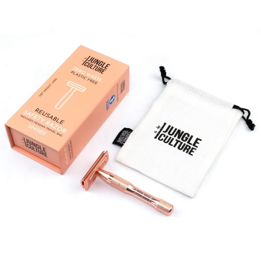 Rose Gold or Black Reusable Safety Razors w/ Natural Jute Travel Bag-14